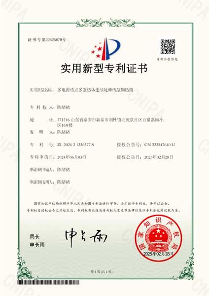 多电源结点多发热体连续延伸线型加热缆专利证书